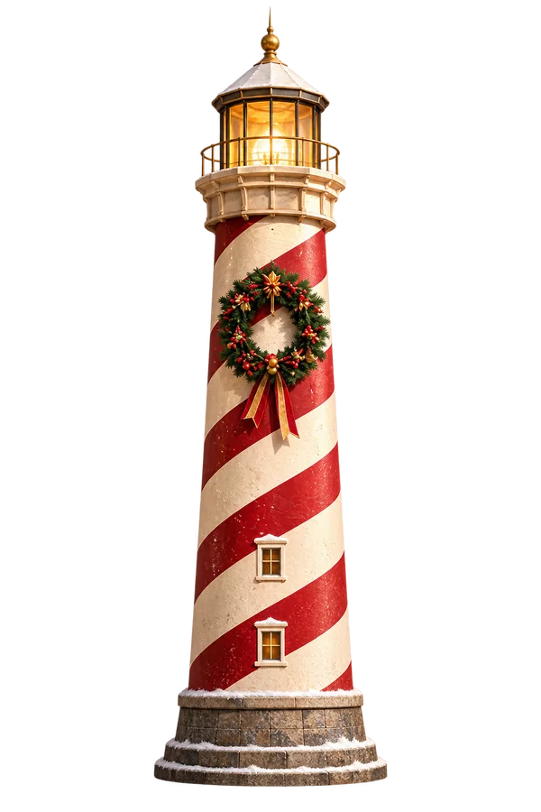 A candy-striped lighthouse wearing a Christmas wreath