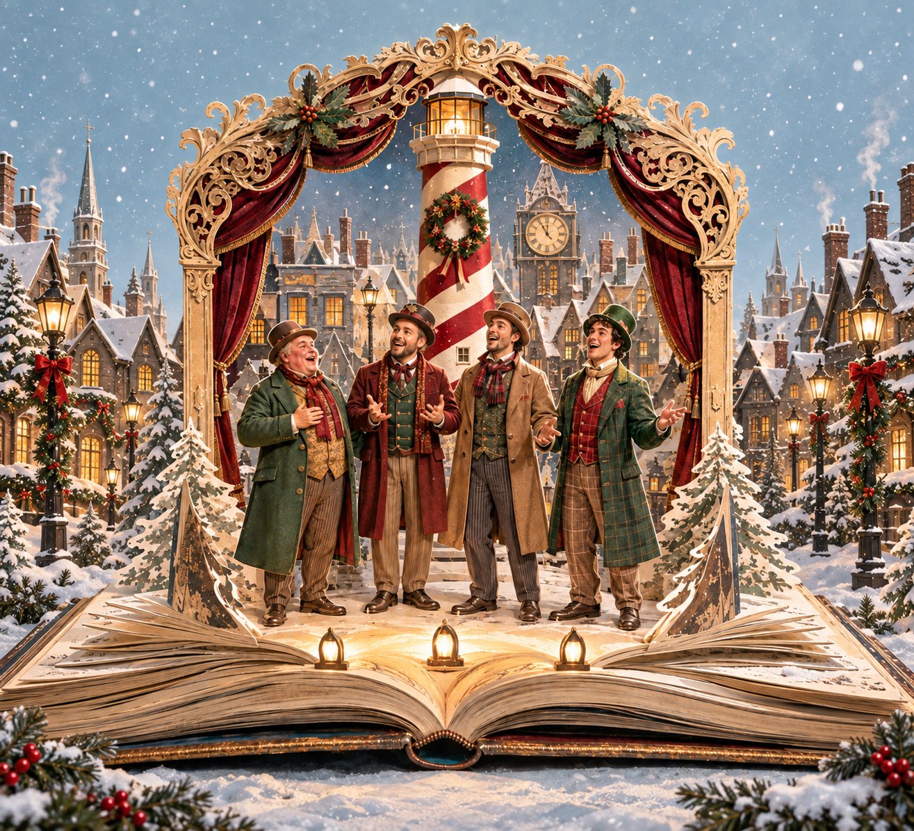 Four Victorian carolers sing beneath a gilded proscenium in a snowy town, a candy-striped lighthouse rising behind them