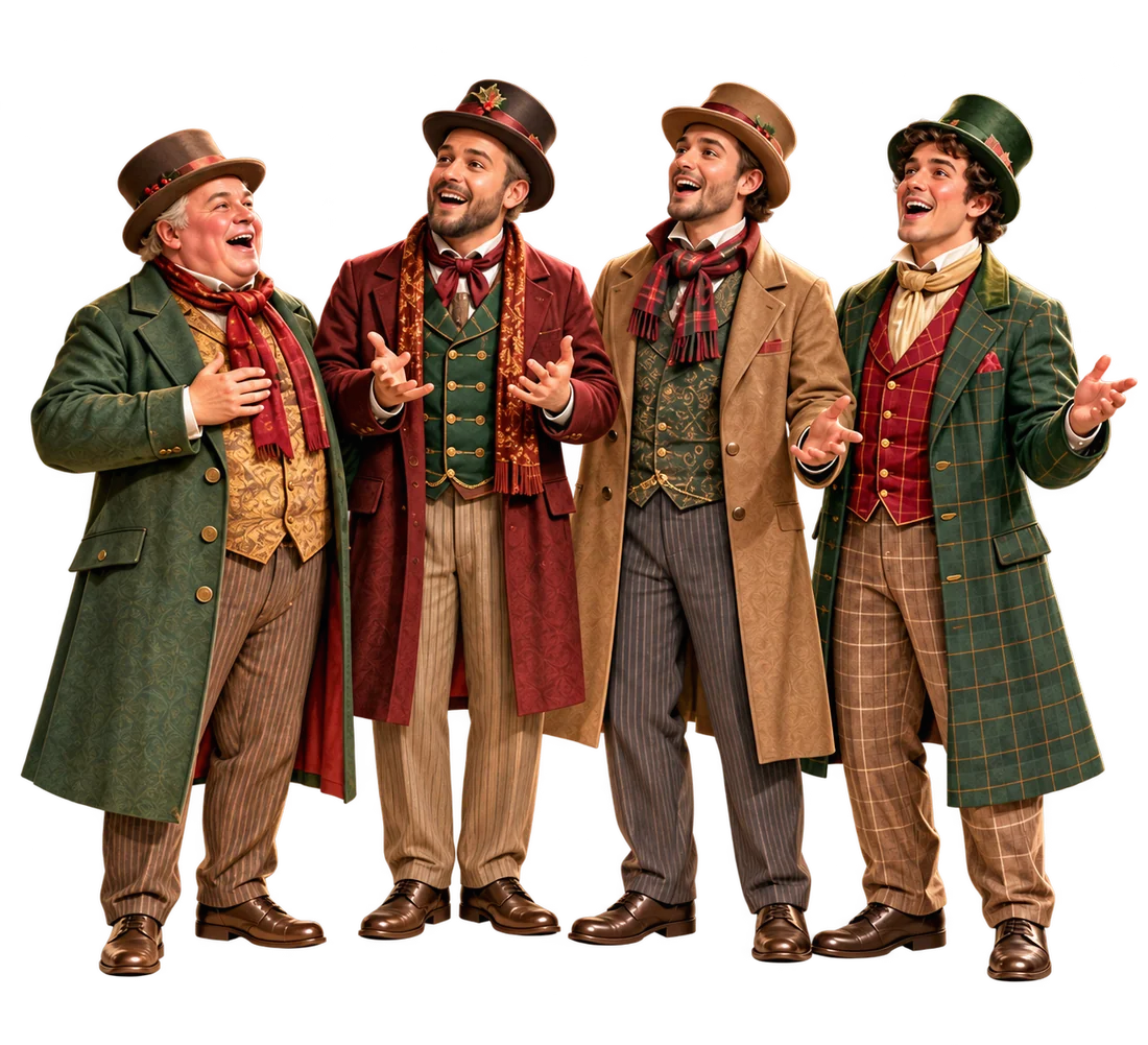 Four singers in Victorian coats, scarves and top hats, mid-song